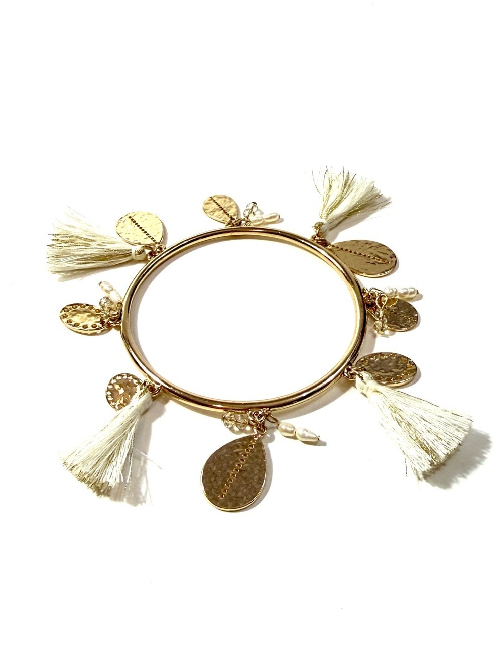 WHBM Gold-Tone Tassel Charm Bangle Bracelet - Cream Tassels | NWT